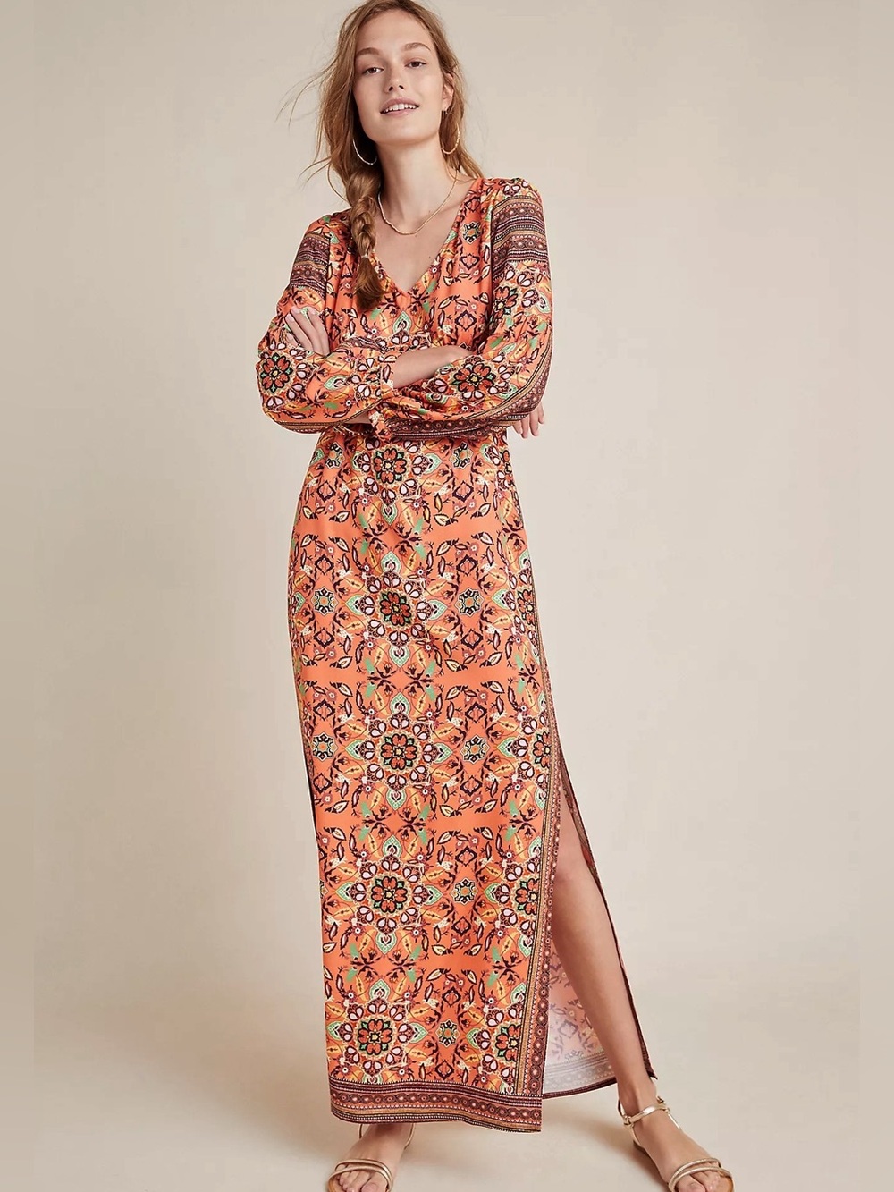 Anthropologie Farm Rio Medallion Maxi Dress XS Orange Boho Puff Sleeve V-Neck